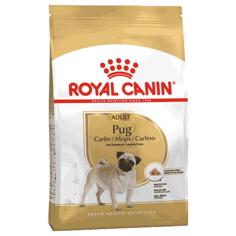 Bolsa blanca y dorada de alimento Royal Canin  Pug Adult para perros pug adultos
