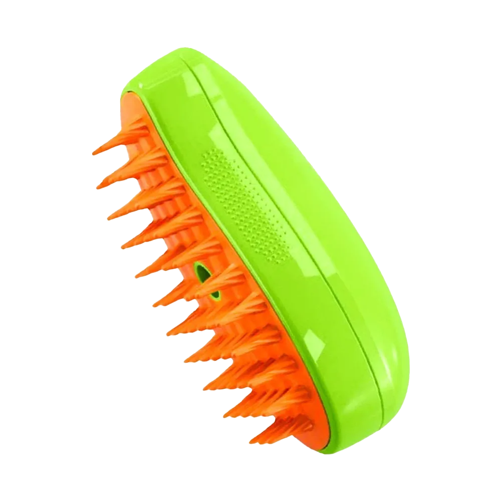 Cepillo amarillo a Vapor para Mascotas, tiene cerdas espaciadas de goma color naranja.
