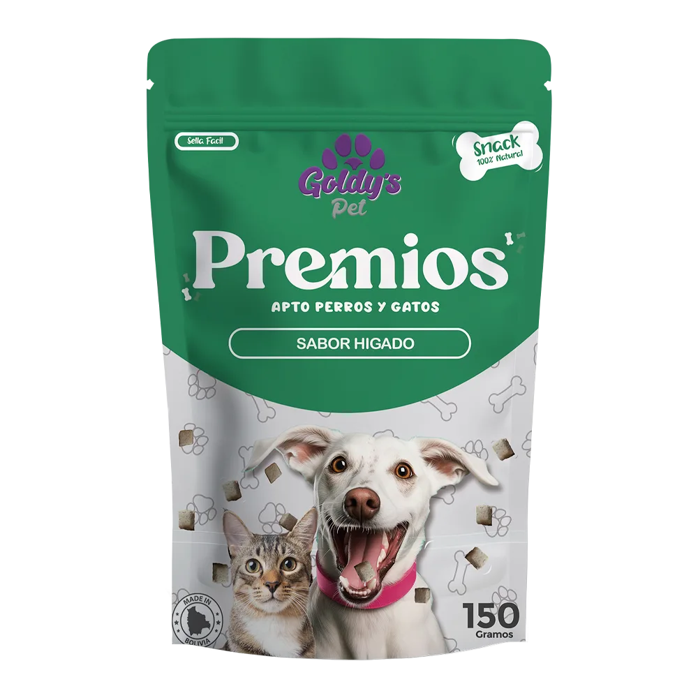 Empaque blanco con detalles verdes de snacks Goldy's Pet, son Premios de Adiestramiento sabor hígado para perros y gatos. El empaque tiene 150 g