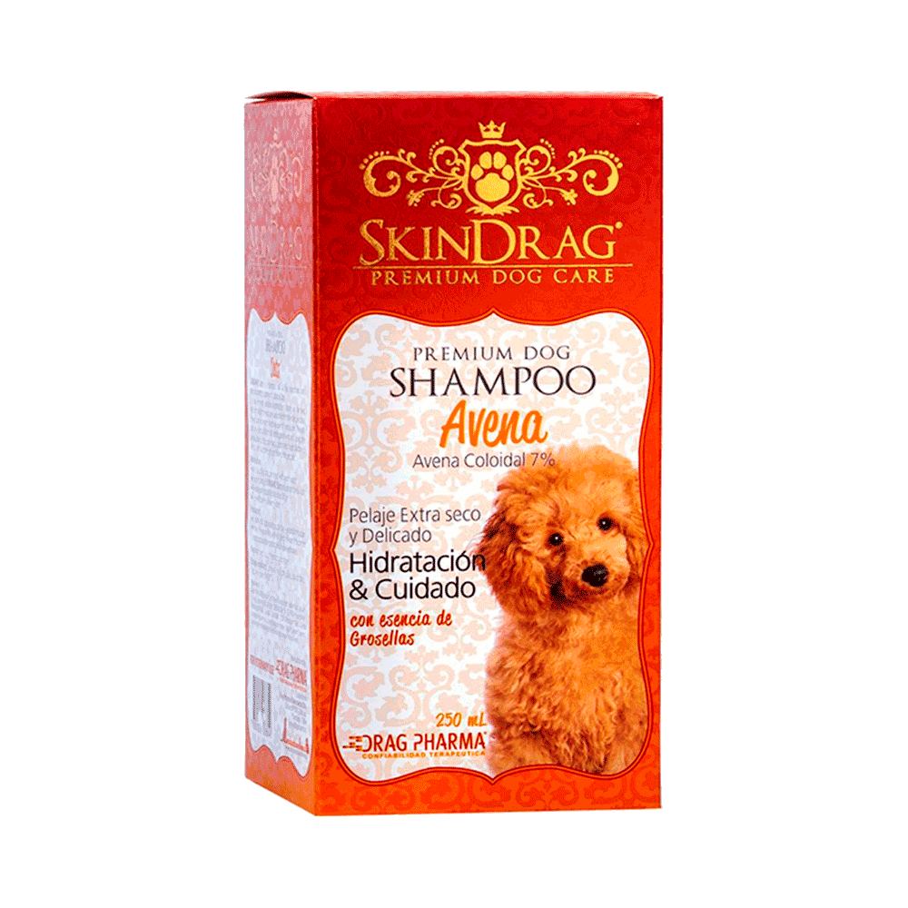 Caja roja con detalles blancos de shampoo Skindrag Avena Shampoo para perros 