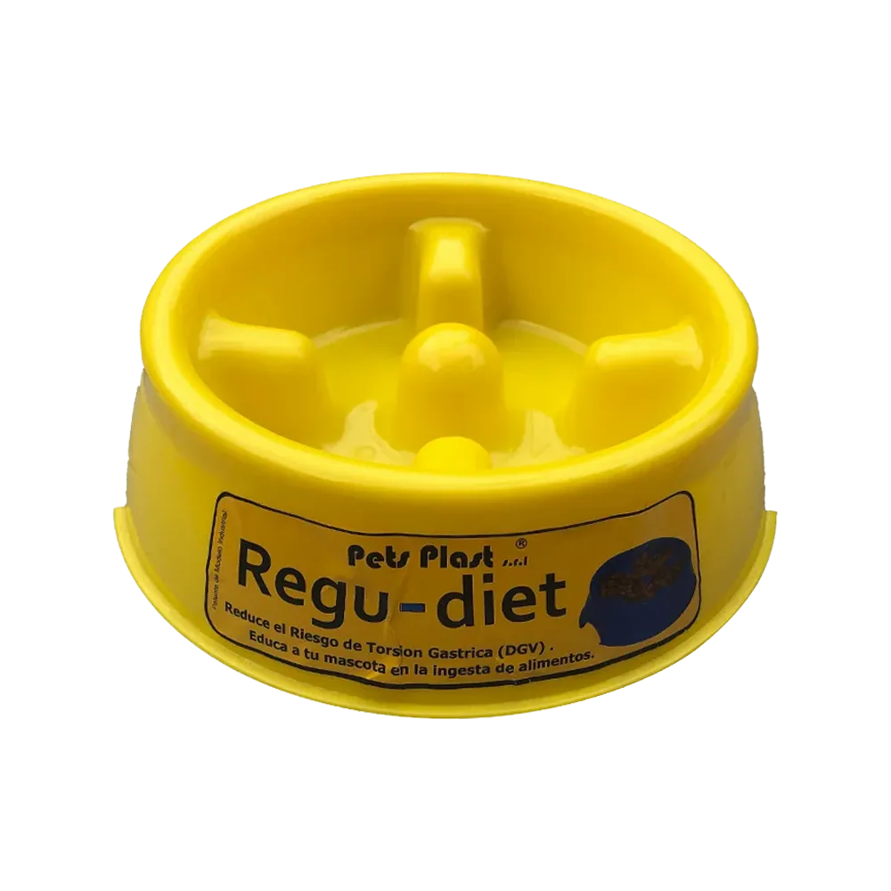Imagen de Comedero Regu-Diet color amarillo para regular la ingesta de alimentos de mascotas