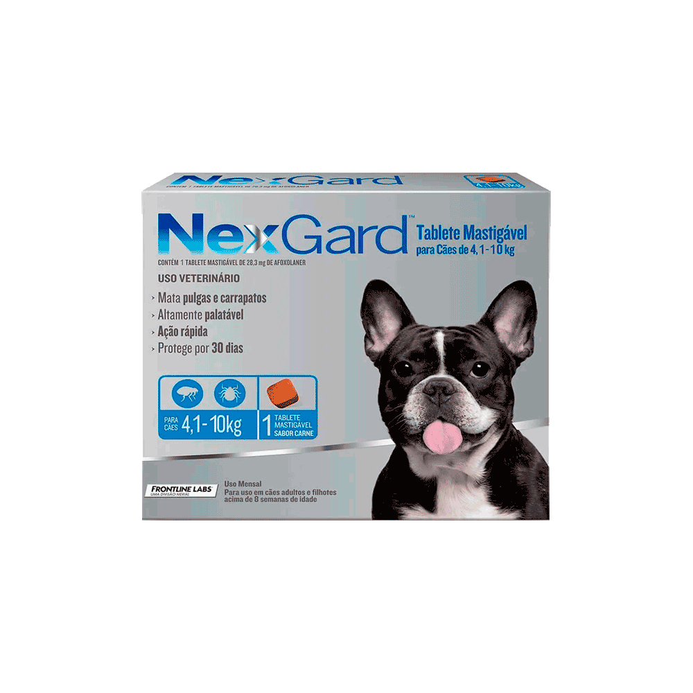 Caja pequeña color gris con detalles azules de Nexgard Perros de 4 a 10 kg para combatir los parásitos de 1 tableta