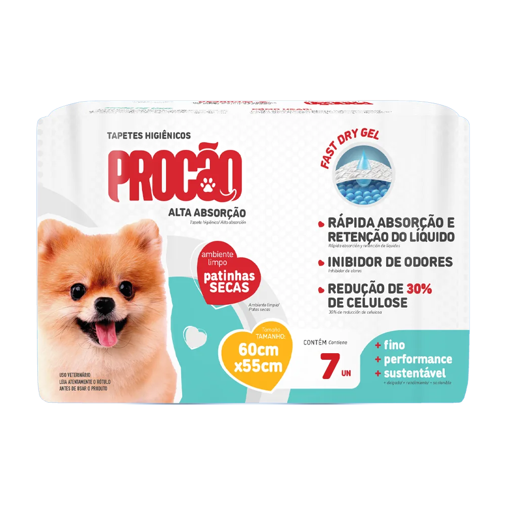 Imagen de paquete de Paños de Entrenamiento Procao en su presentación de 30 unidades. Empaque color celeste con un perro pequeño color marrón en la cara frontal. 