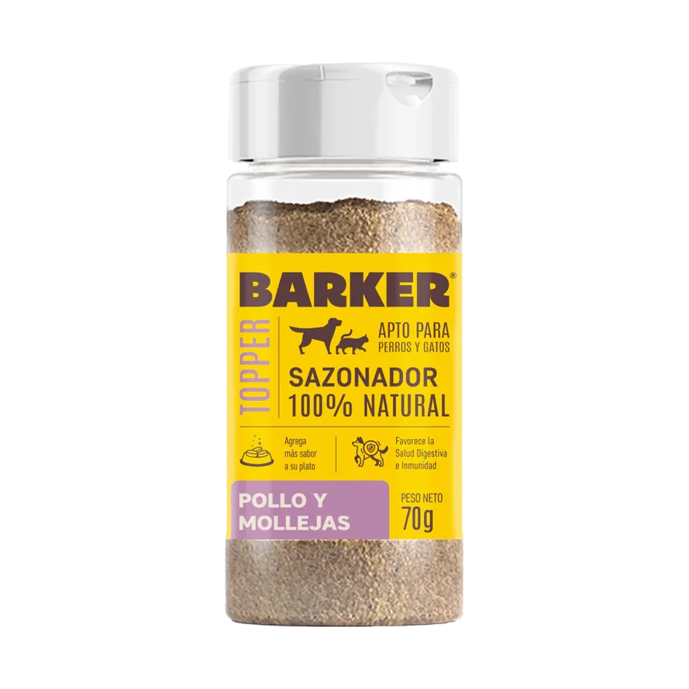Frasco Sazonador Pollo y Mollejas para las croquetas de perros y gatos, es transparente con una etiqueta naranja.