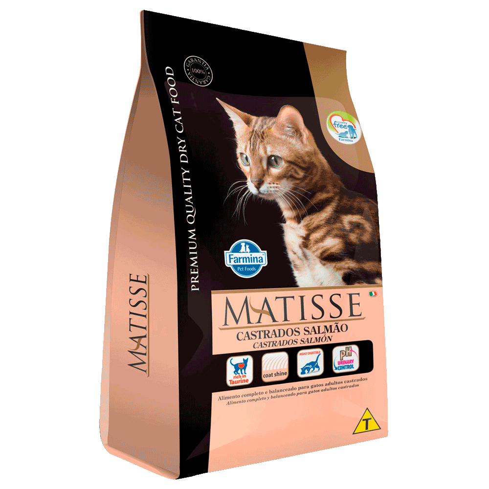 Bolsa negra con detalles rosados de alimento Farmina Matisse Castrados Salmón para gatos castrados