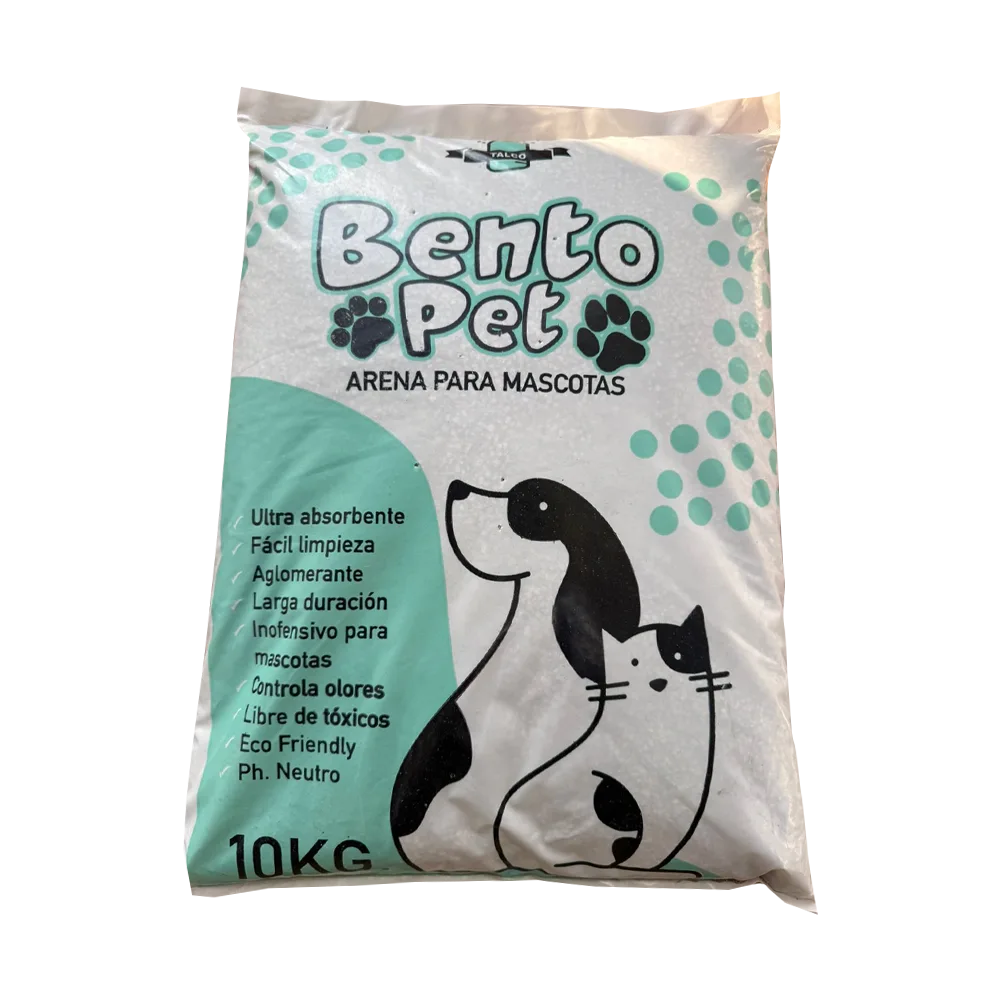 Bolsa blanca con detalles celestes de Bento Pet Arena Sanitaria Talco de Bebé. Una arena de bentonita aglomerante para gatos, en su presentación de 4 kg 