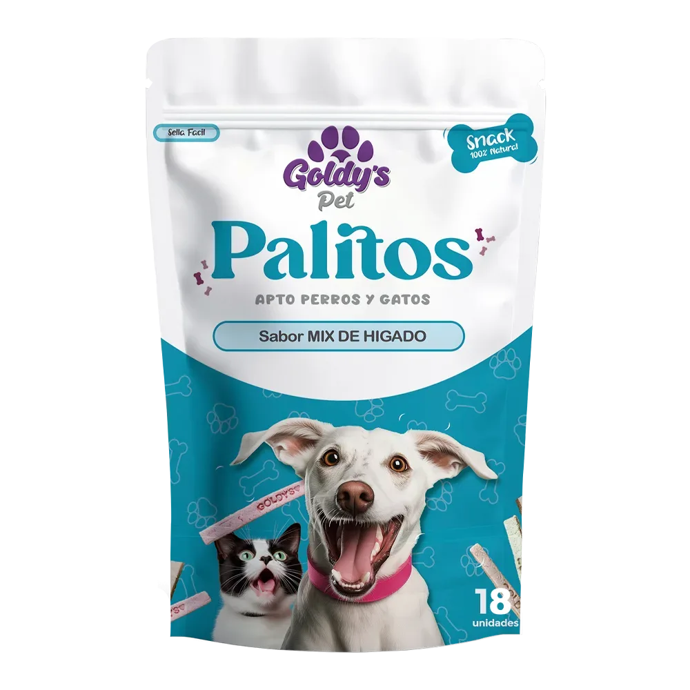 Empaque blanco con detalles calipso de snacks Goldy's Pet. Son Palitos de hígado para consentir y ayudar a limpiar los dientes de tu perro, contiene 18 unidades