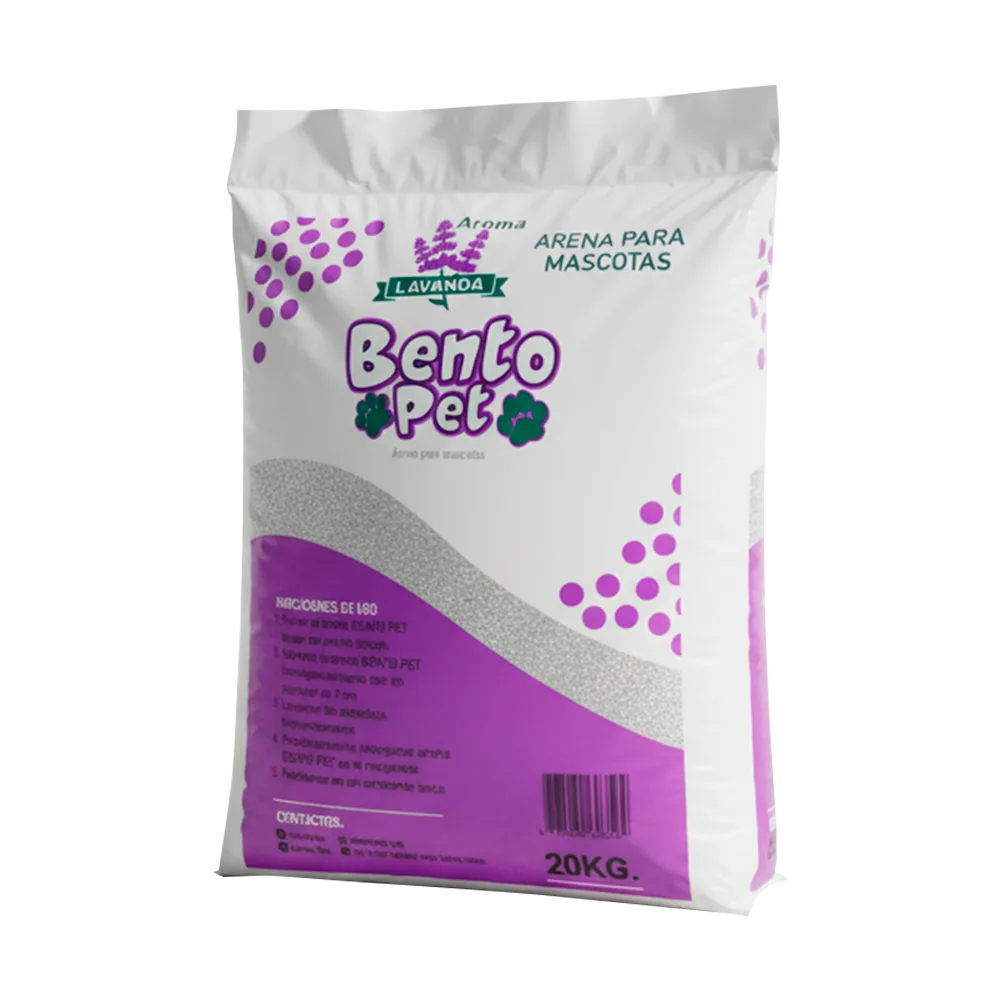 Bolsa blanca con detalles morados de Bento Pet Arena Sanitaria Lavanda. Una arena de bentonita aglomerante para gatos, en su presentación de 20 kg