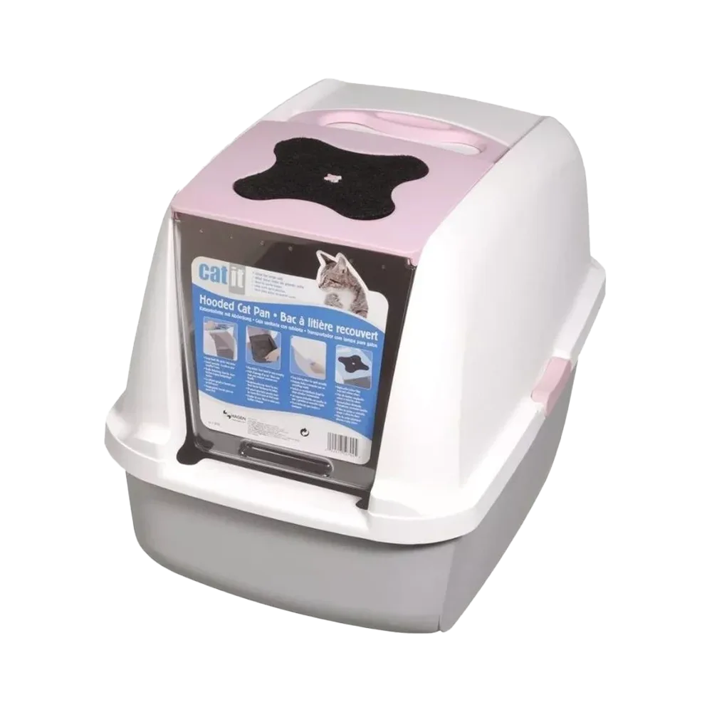 Imagen de Arenero Cubierto Catit para gatos, es un arenero blanco con detalles rosas y una puerta vaiven para la entrada del gato transparente ahumado
