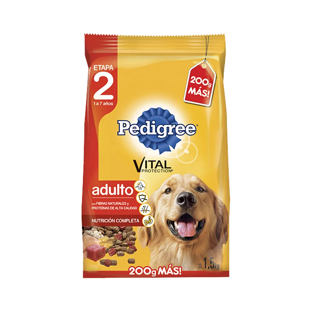 Bolsa de alimento Pedigree para perros Adultos en su presentación de 1,5kg. Es de color amarillo con detalles rojos y tiene una imagen de un labrador
