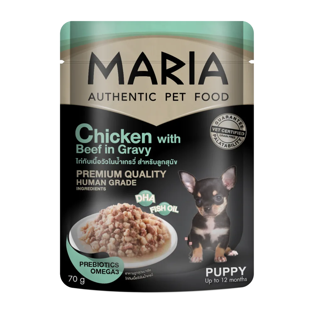 Sobre color negro con detalles verde limón y un cachorro chihuahua color negro en la portada, es el alimento húmedo para perros hasta los 12 meses MARIA Puppy Pollo y Carne de Res en Salsa