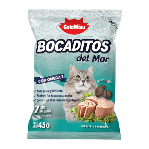 Bolsa de bocaditos para gatos GoloMiau del Mar con Omega 3, promoviendo pelo suave y brillante, protección renal y desarrollo cognitivo. Producto de industria argentina, peso neto 45g.