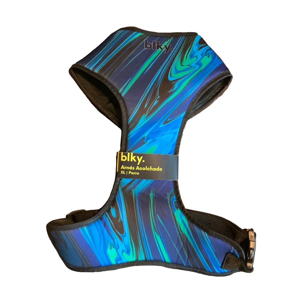 Pechera Arnés Blky Talla XL para perro grandes y gigantes con estampado "Ramé". Este estampado tiene motivos abstractos con colores de la gama del azul que van desde el azul, violeta hasta el verde aquamarina.