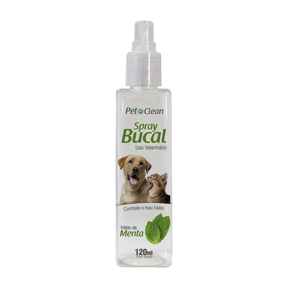 Frasco color blanco con detalles verdes, un gato y un perro con la boca abierta en la portada de Spray Bucal Pet Clean