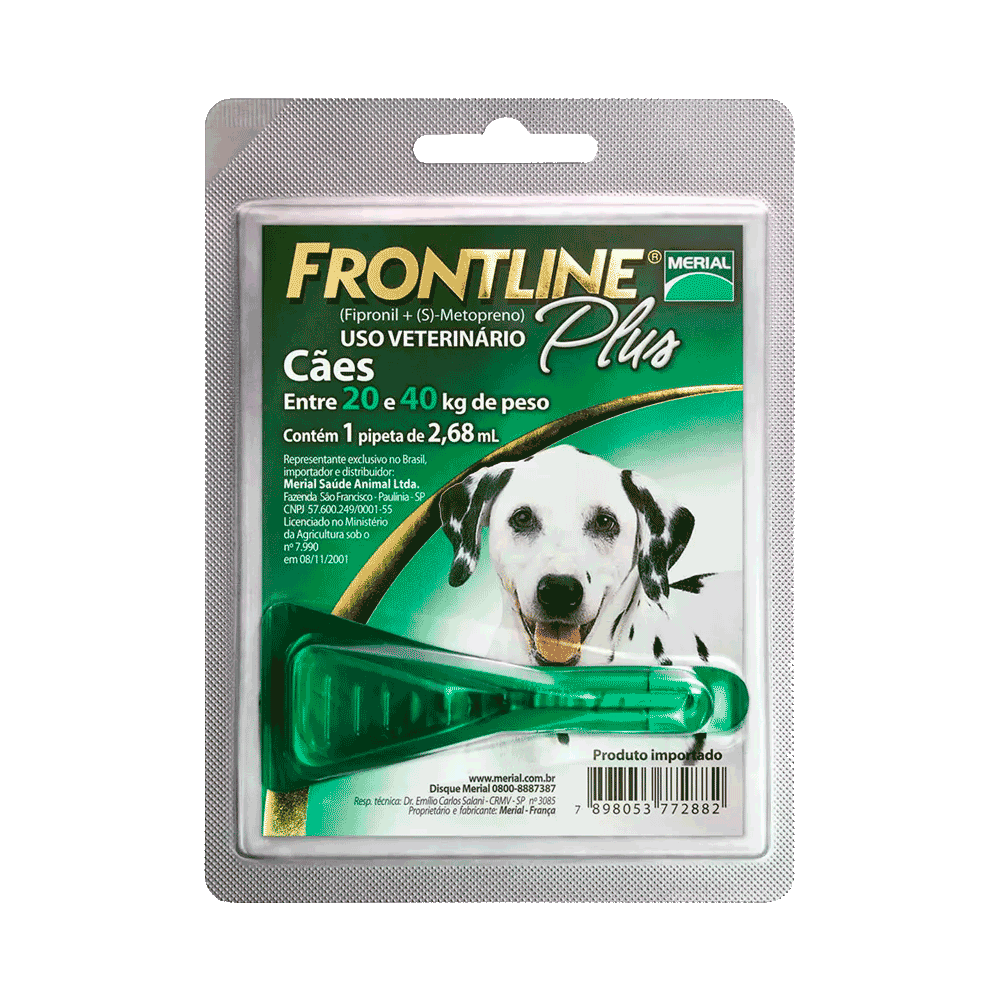 Pipeta verde en empaque sellado de Frontline Plus Perros de 20 a 40 kilos para combatir los parásitos externos.