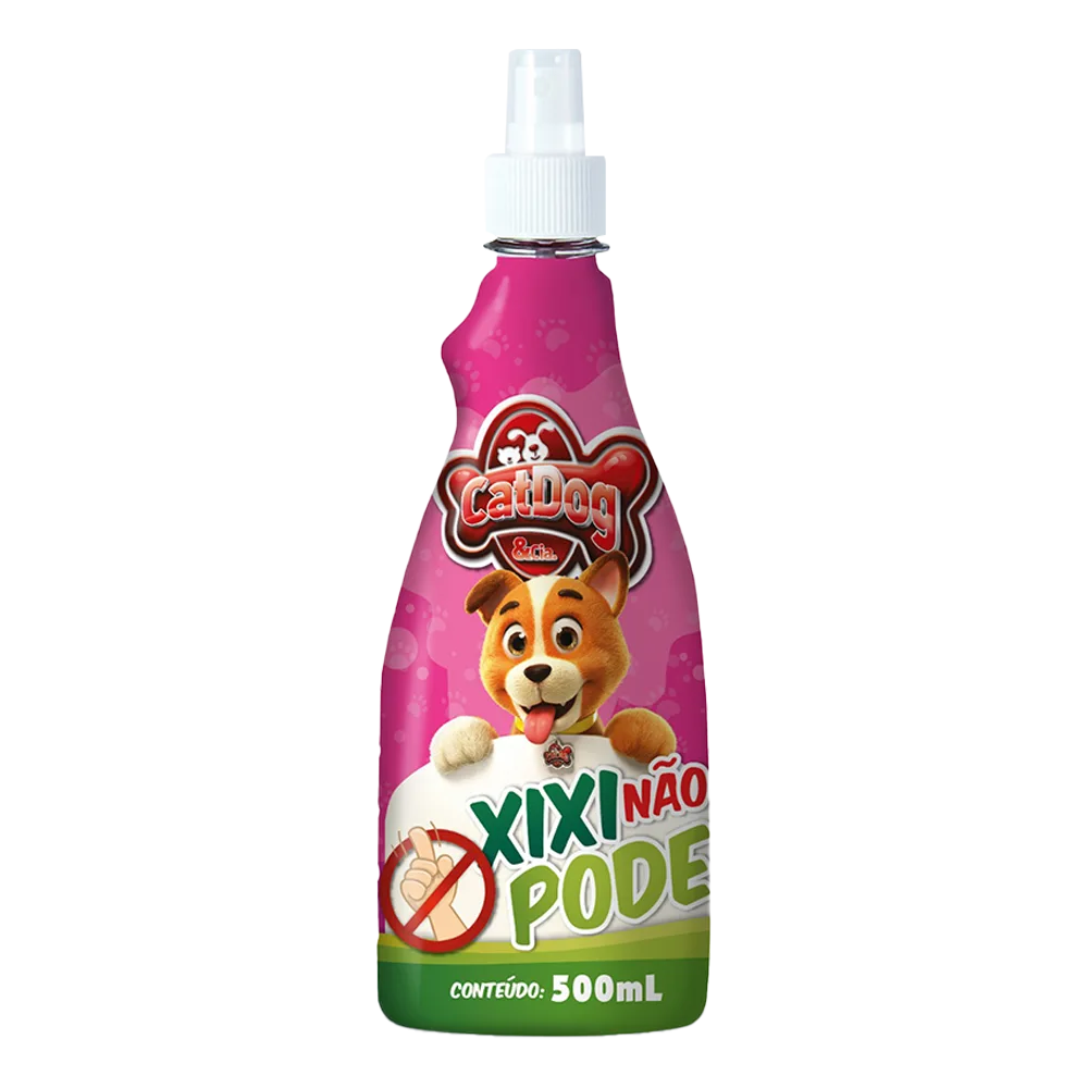 Frasco pulverizador color fuccia con detalles verdes del Educador Sanitario "No Puede" para perros