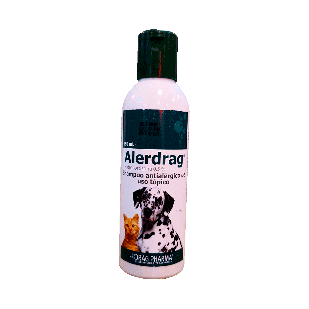 Botella blanca de shampoo antialérgico Alerdrag Shampoo Antialérgico para perros y gatos con detalles verde oscuro