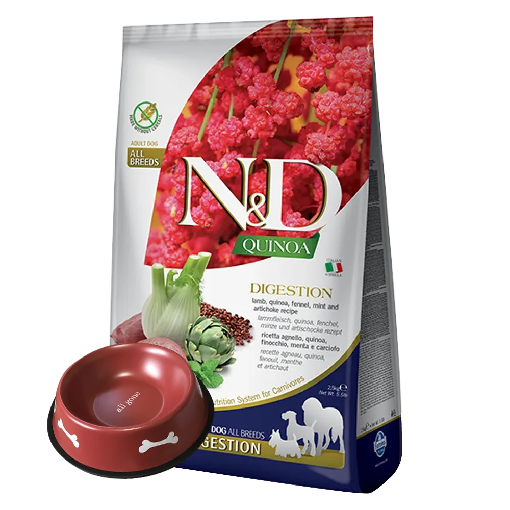 Imagen de bolsa de alimento N&D Digestión Quinoa y Cordero, su color es blanco con detalles azules y una imagen de vegetales y carne de cordero en la portada más un plato de regalo