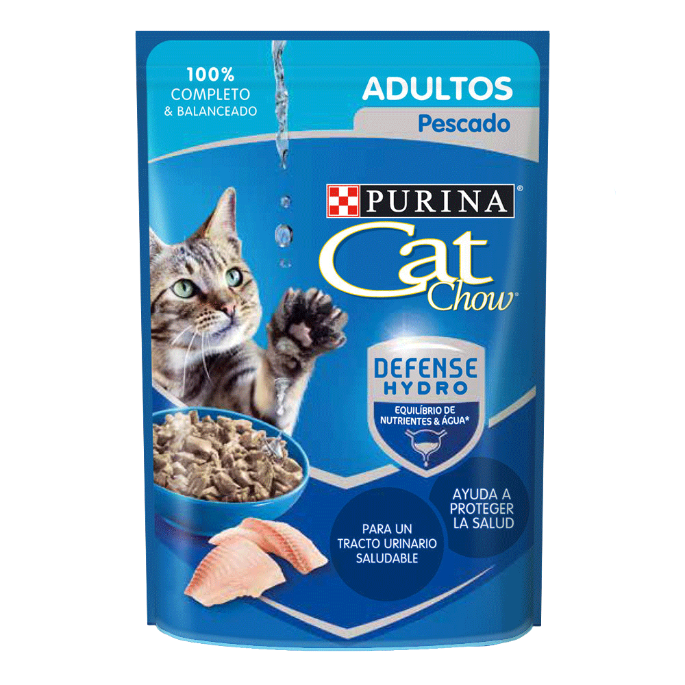 Empaque azul con detalles celestes de Cat Chow Adultos Pescado Húmedo para gatos
