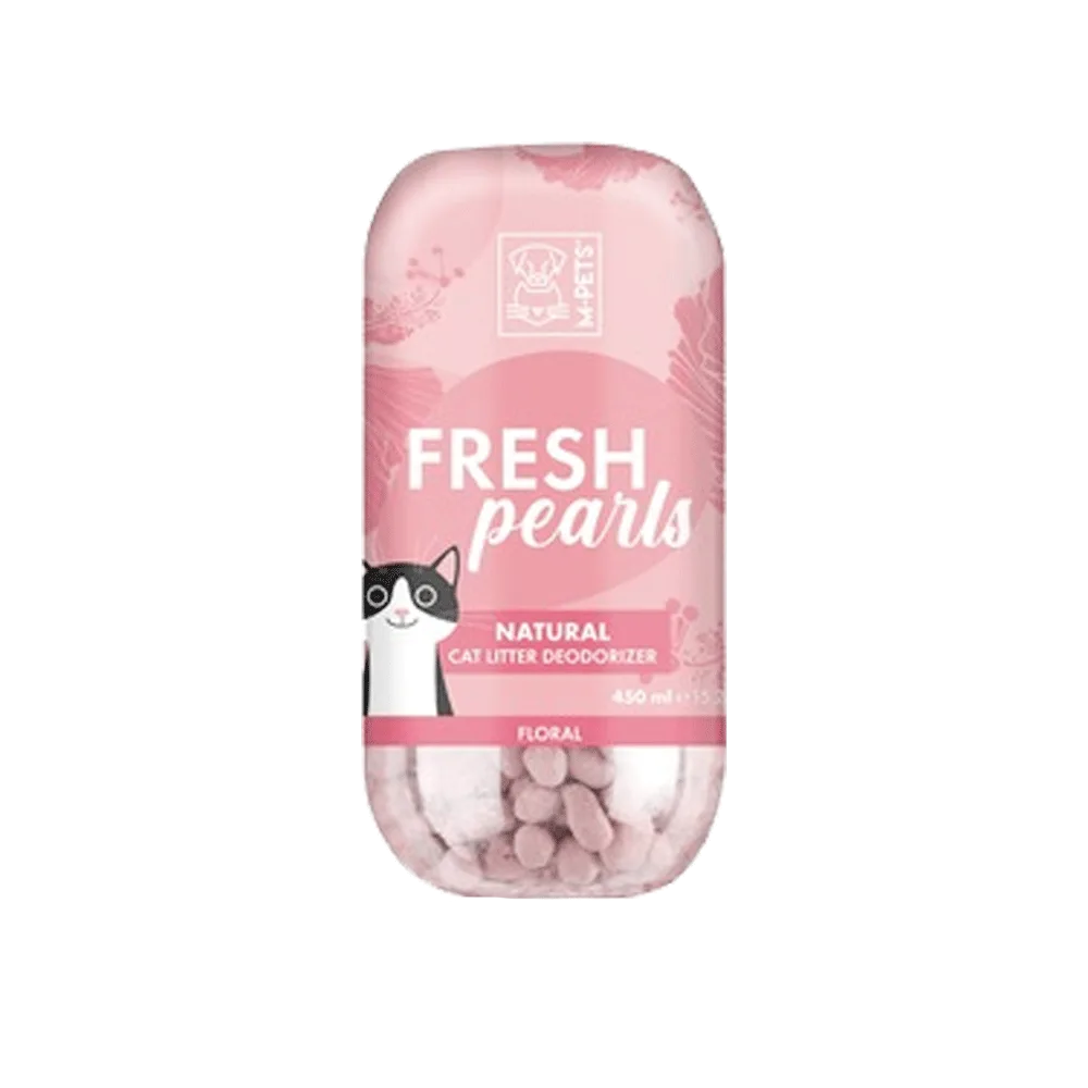 Imagen de Aromatizante para Areneros M-Pets en su presentación "floral". Muestra un frasco rosado con detalles rosado claro y la ilustración de un gato blanco con negro en la etiqueta. El texto principal dice "Fresh Pearls".