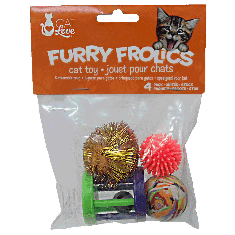 Imagen de Cat Love Furry Frolics Surtido 4 Piezas con 4 juguetes distintos para gato: pelota lisa, pelota con pinchos, pelota con pelitos brillante y sonajero