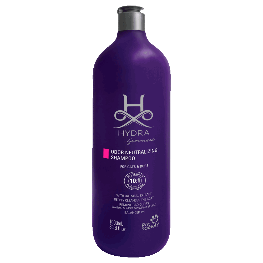 Botella violeta de shampoo para mascotas olorosas de Hydra Groomers Odor Neutralizing Shampoo