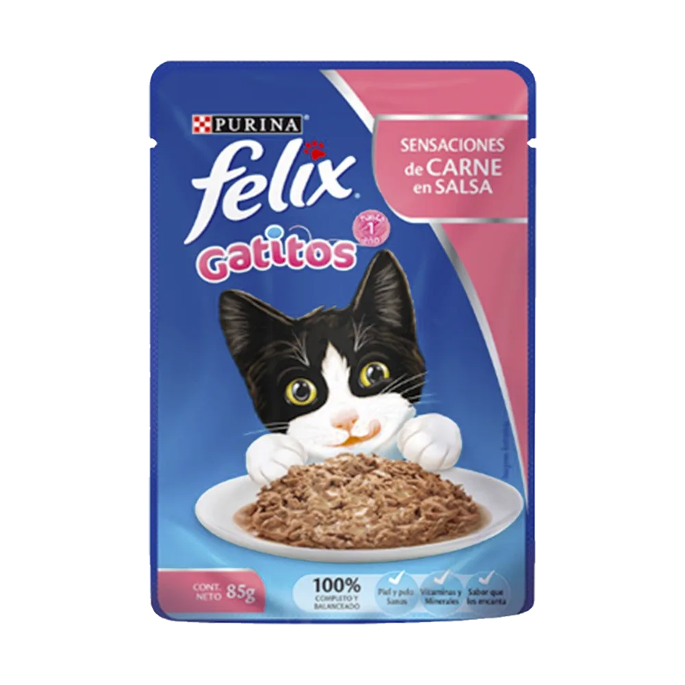 Imagen de bolsa color azul con detalles rosas de Felix Gatitos Carne en Salsa alimento húmedo para gatitos cachorros