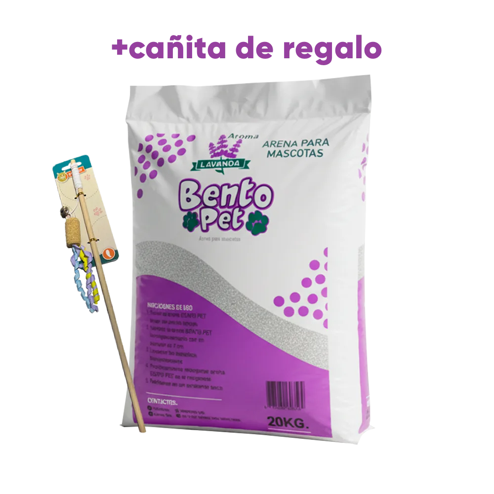 Bolsa blanca con detalles morados de Bento Pet Arena Sanitaria Lavanda. Una arena de bentonita aglomerante para gatos, en su presentación de 20 kg