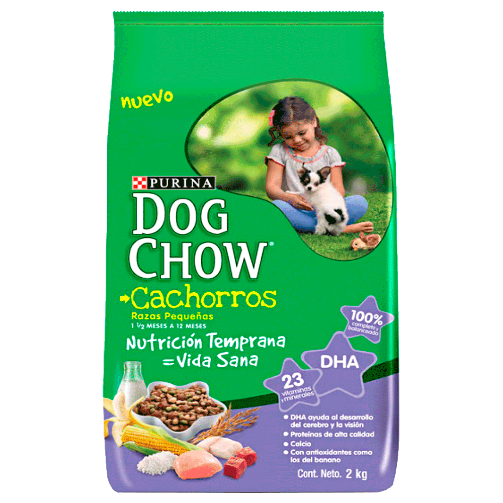 Bolsa verde con detalles violetas de Purina Dog Chow Cachorro Raza Pequeña