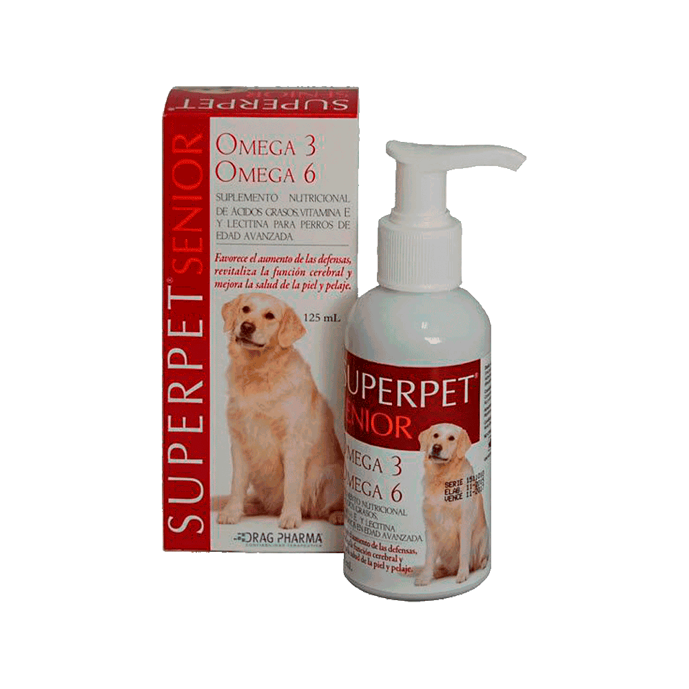 Caja de color blanco con detalles rojos de suplemento Superpet Omega Senior para perros de edad avanzada