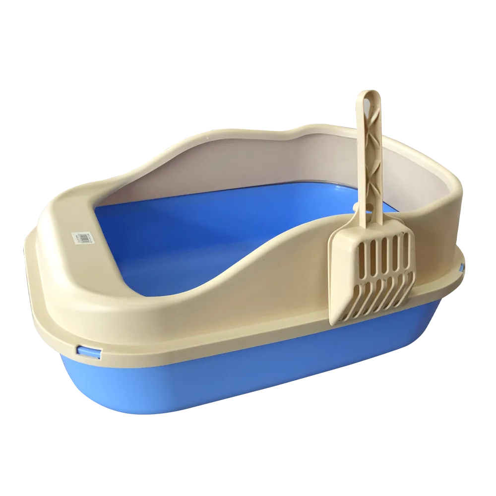 Bandeja Sanitaria para gatos de talla mediana y grande, es de color rosa y tiene un borde elevado en todo el perímetro, es de color gris. Viene con una pala gris que está colocada en uno de los bordes.