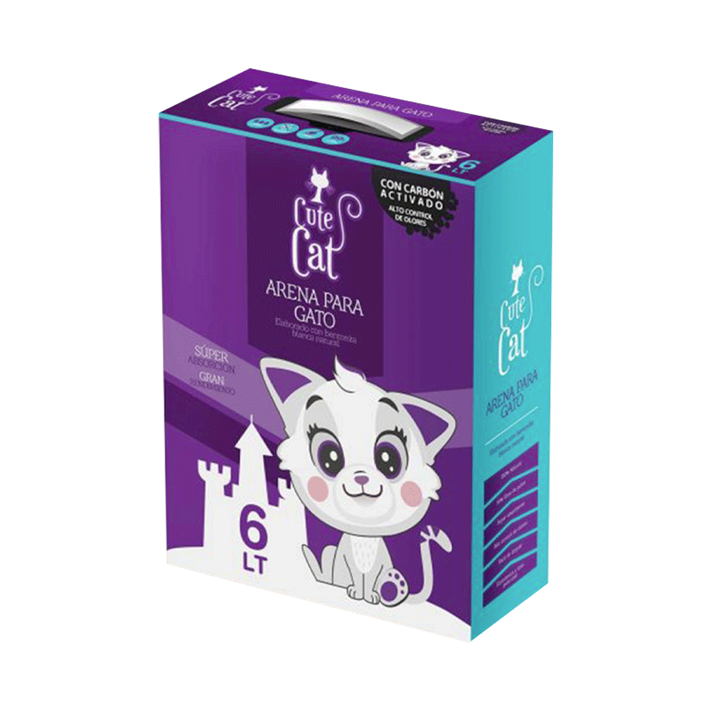 Imagen del envase de la arena sanitaria Cute Cat con Carbón activado. Es una caja de cartón de color violeta con detalles calipso. Tiene en el frente la ilustración de un gato blanco.