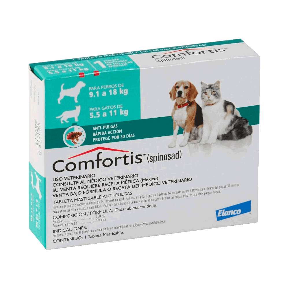 Caja blanca con detalles verdes de Comfortis Perros 9,1 a 18 Kg y Gatos 5,5 a 11 Kg de antipulgas para perros y gatos 