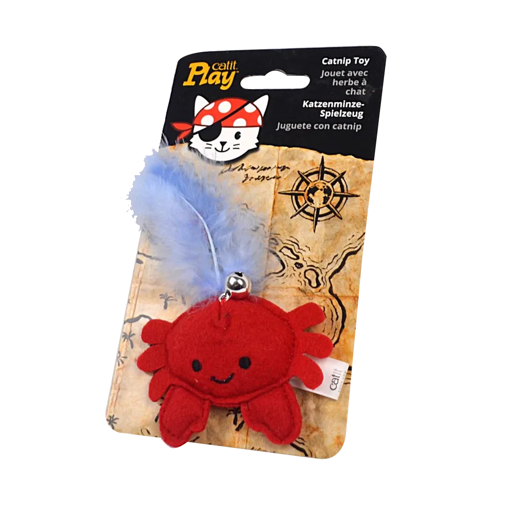 Imagen de Juguete Con Catnip Para Gatos de la marca Catit Play con forma de cangrejo rojo y pluma celeste con un cascabel en la punta