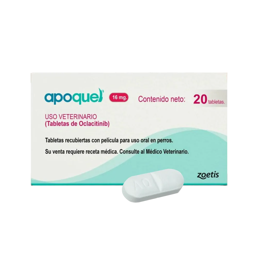 Caja color blanco con detalles verde agua de Apoquel 20 Comprimidos, esta presentación es de 16 mg, es un tratamiento oral para las alergias en perros