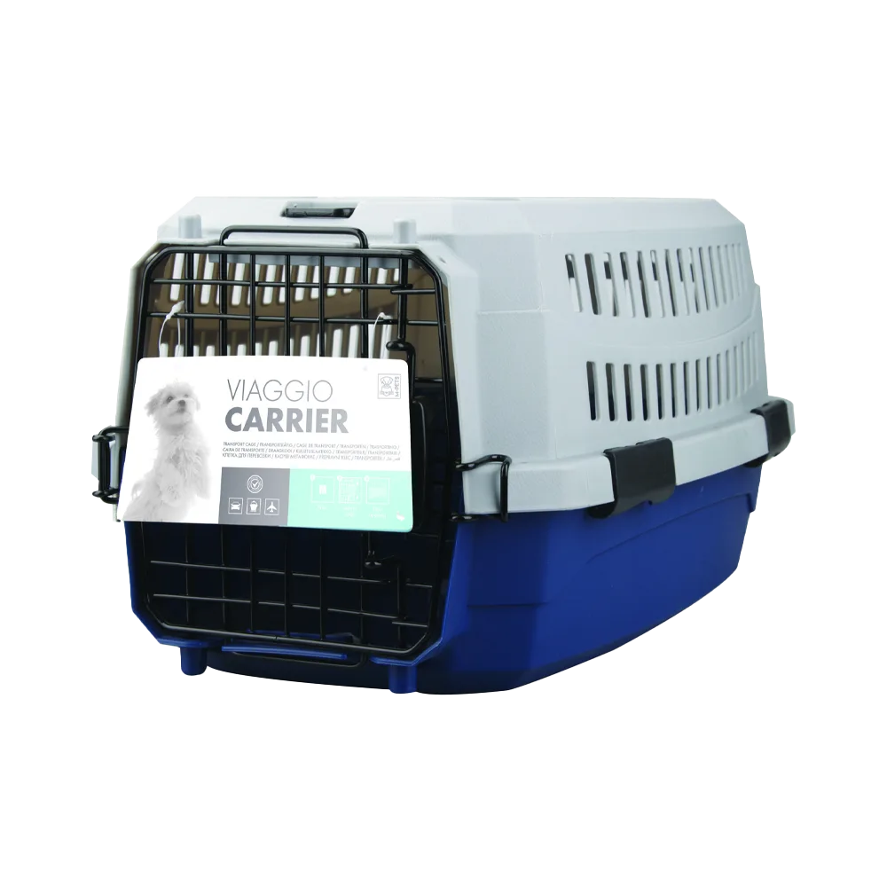 Imagen de Transportadora Viaggio Talla S de la marca M-Pets para mascotas pequeñas. Es de dos colores: azul marino y gris claro y tiene orificioso de ventilación en toda la superficie superior.