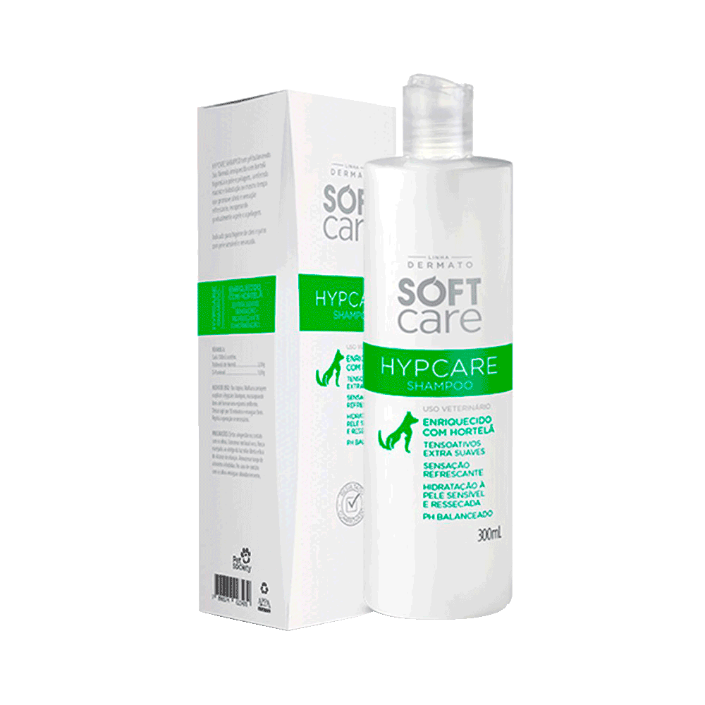 Botella blanca con detalles verdes de shampoo para perros y gatos de Soft Care Hypcare Shampoo