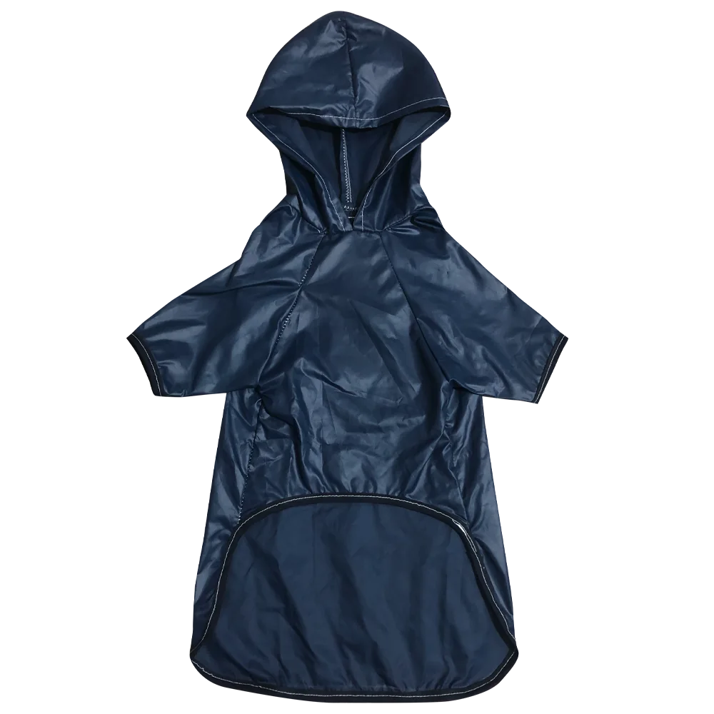 Impermeable Azul oscuro con detalles negros en las mangas. Una prenda liviana que protege a tu perro de la lluvia