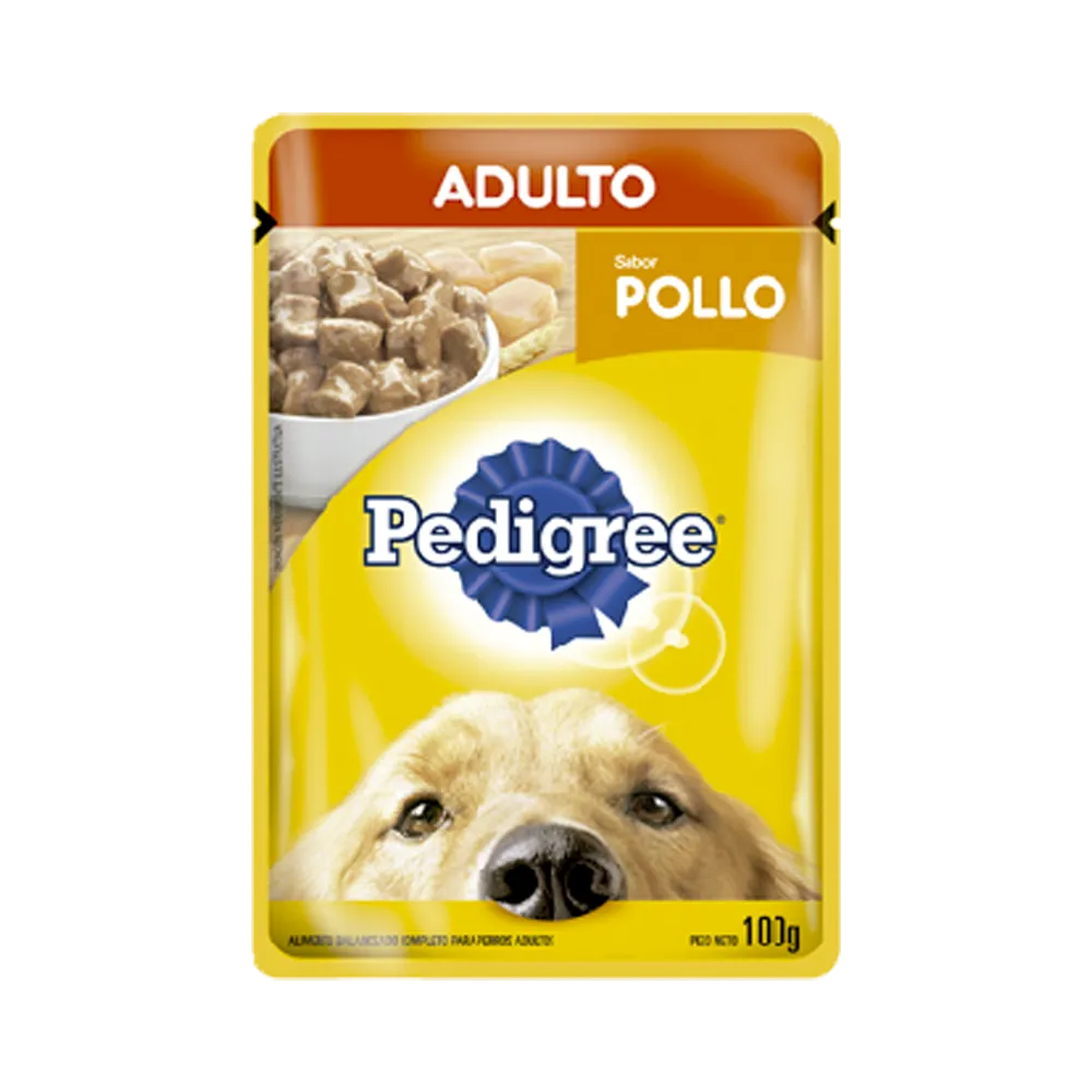 Imagen de sobre de alimento húmedo con sabor a pollo Pedigree para perros adultos en su presentación de 100gramos. Es de color amarillo con la imagen de un labrador.