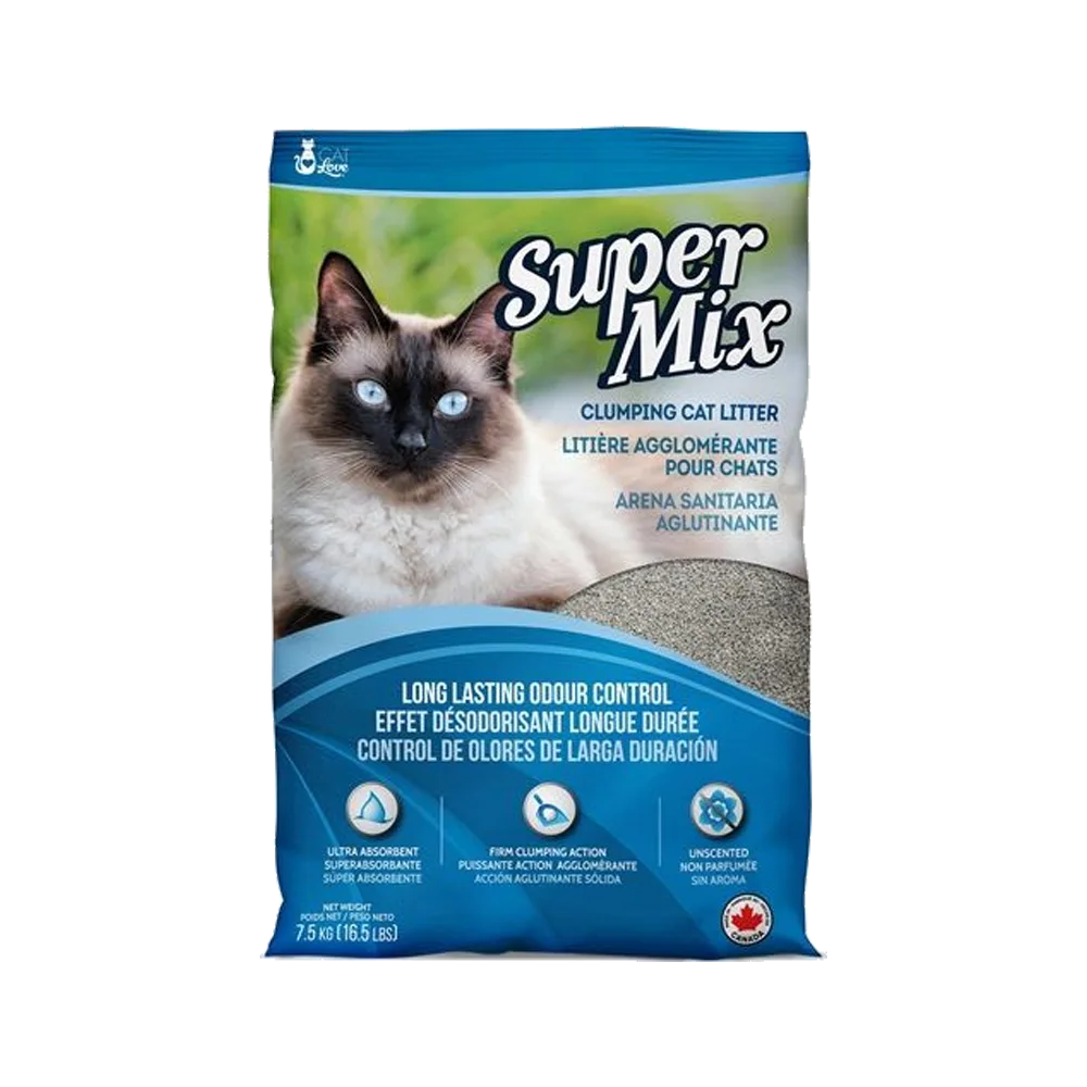Bolsa azul con detalles celestes y verdes de Super Mix Arena Sanitaria para gatos en su presentación de 7,5 kg 
