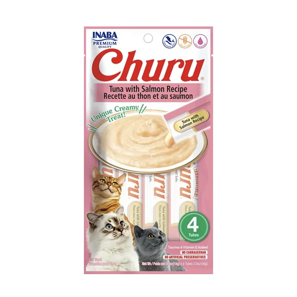 Paquete blanco con detalles rosados pasteles de Churu Gatos Atún con Salmón, es un paquete de snacks cremosos para gatos en tubitos. Tiene la palabra “Churu” en color rojo en la parte superior y un plato con crema en el medio, con dos gatos en la parte inferior izquierda mirando la crema.