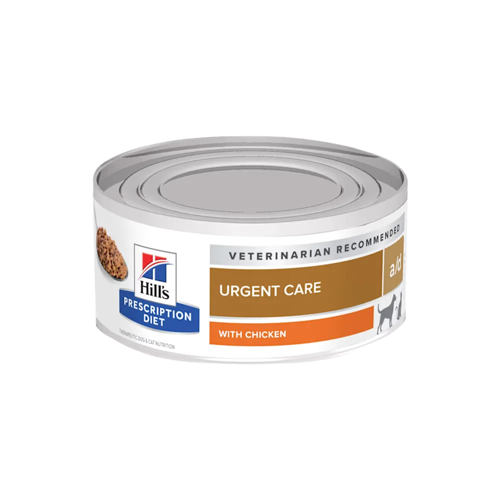 Lata con detalles blancos, marrones y naranjas del alimento Hill's Prescription Diet Urgent Care a/d para perros y gatos en recuperación