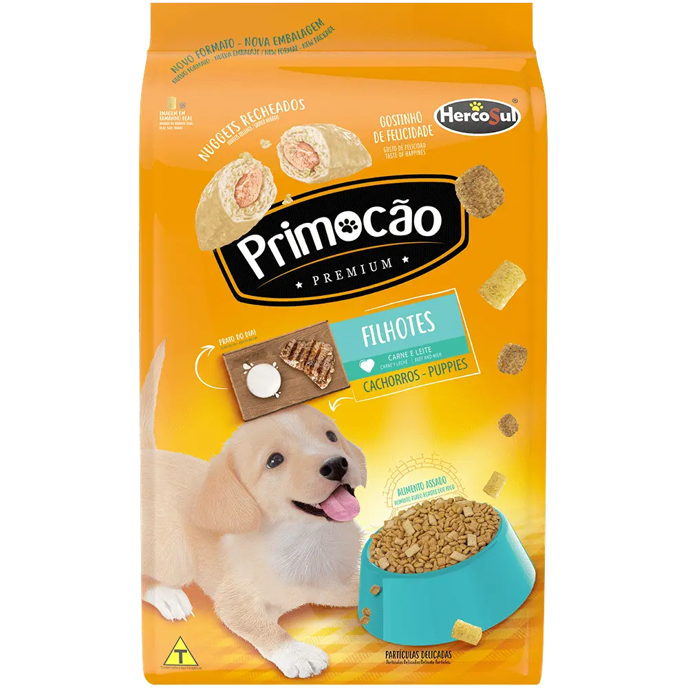 Bolsa de alimento balanceado Primocao Cachorro Carne y Vegetales. Es de color amarillo y tiene la imagen de un perro acercándose a un plato de comida abajo del logo de Primocao
