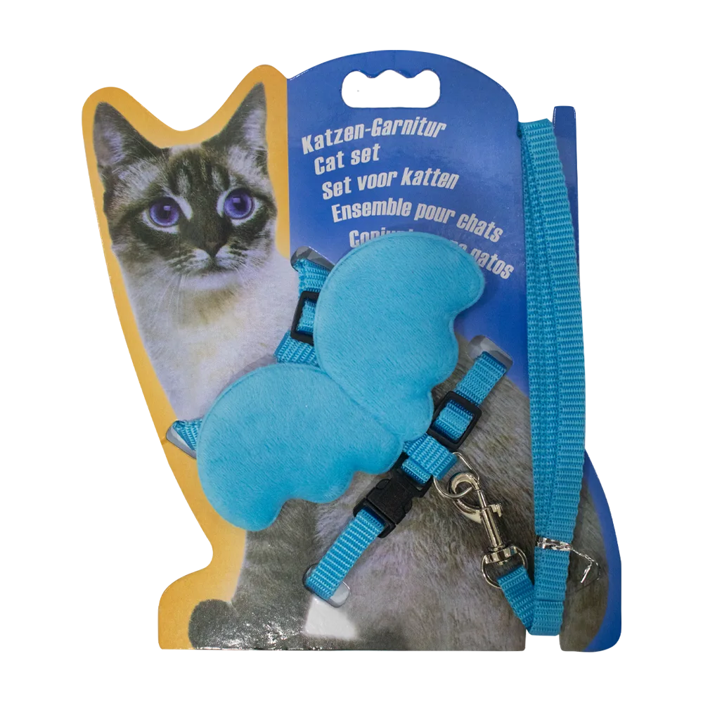 Empaque color azul con forma de gato siamés de Arnés Con Alas Para Gatos Pequeños color celeste pastel