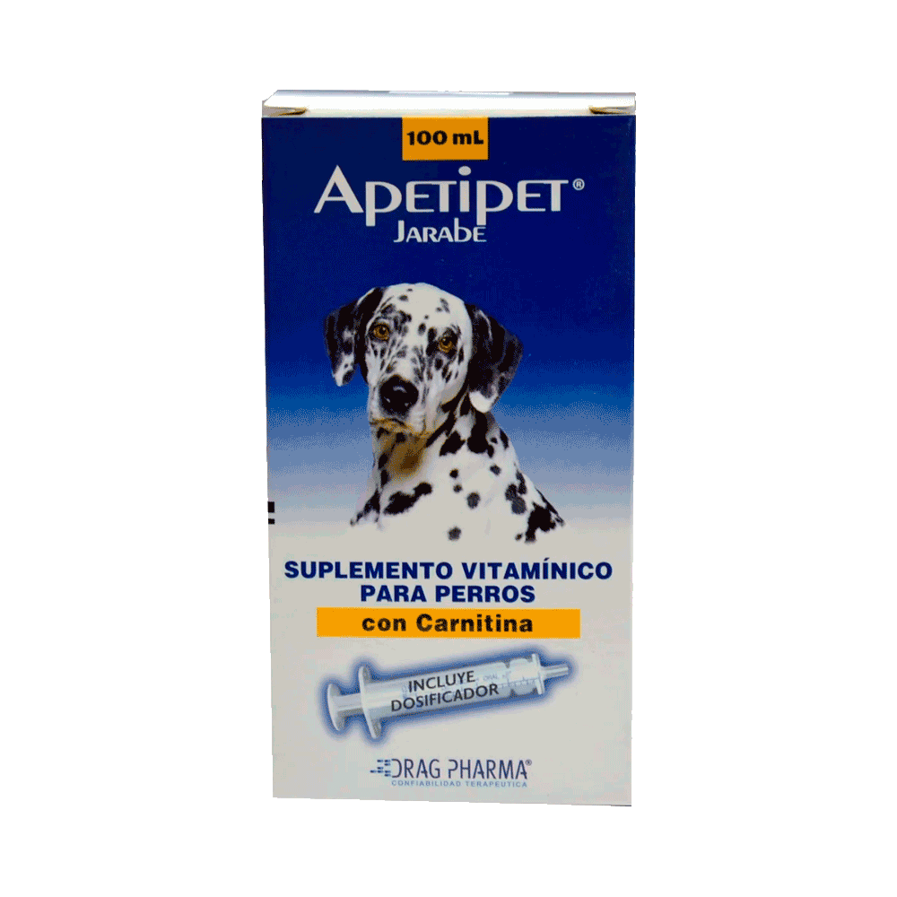 Caja azul con detalles blancos de Apetipet Jarabe suplemento vitamínico para perros 