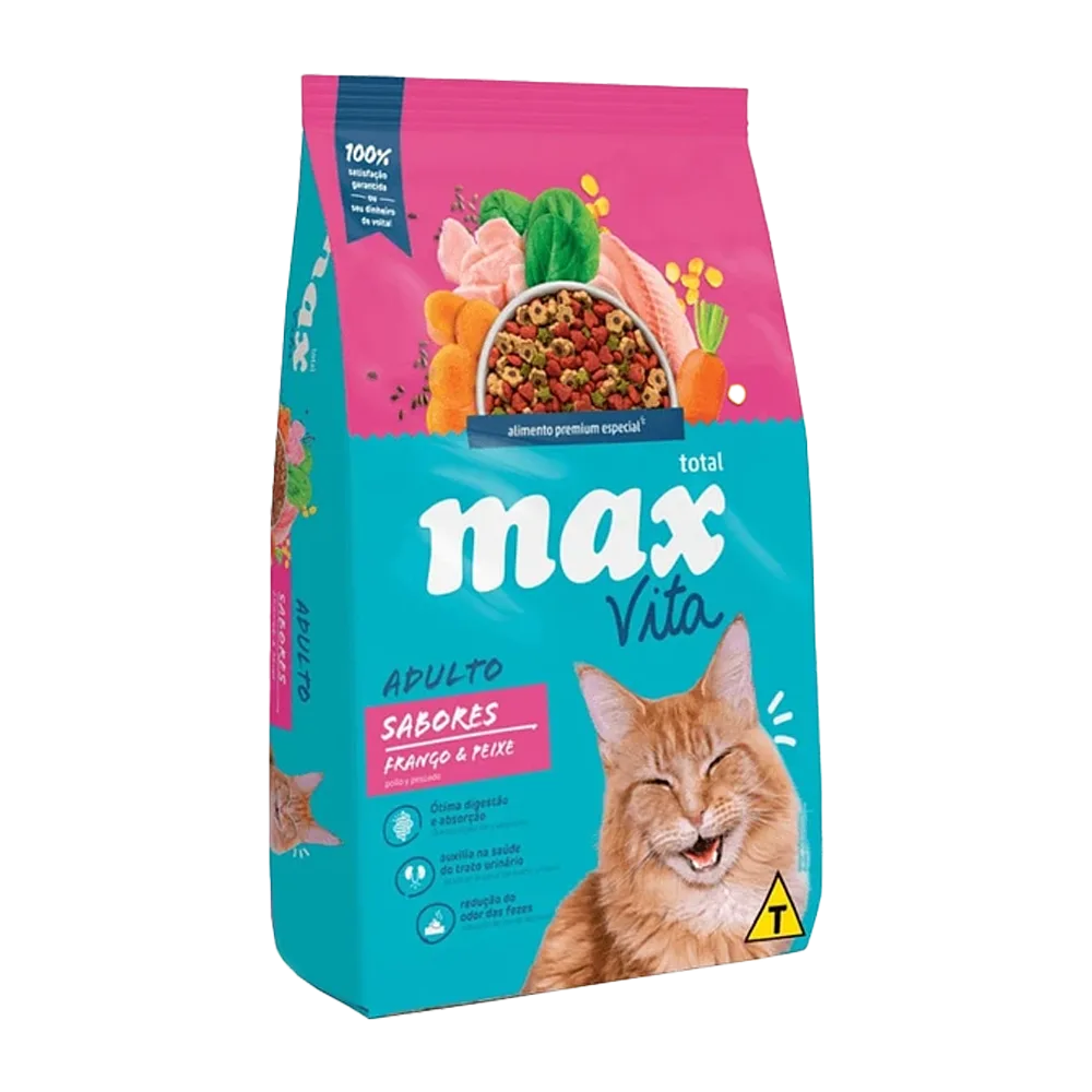Bolsa celeste con detalles rosados y un gato anaranjado guiñando el ojo en la portada, es el alimento Max Gato Adulto de 6 sabores