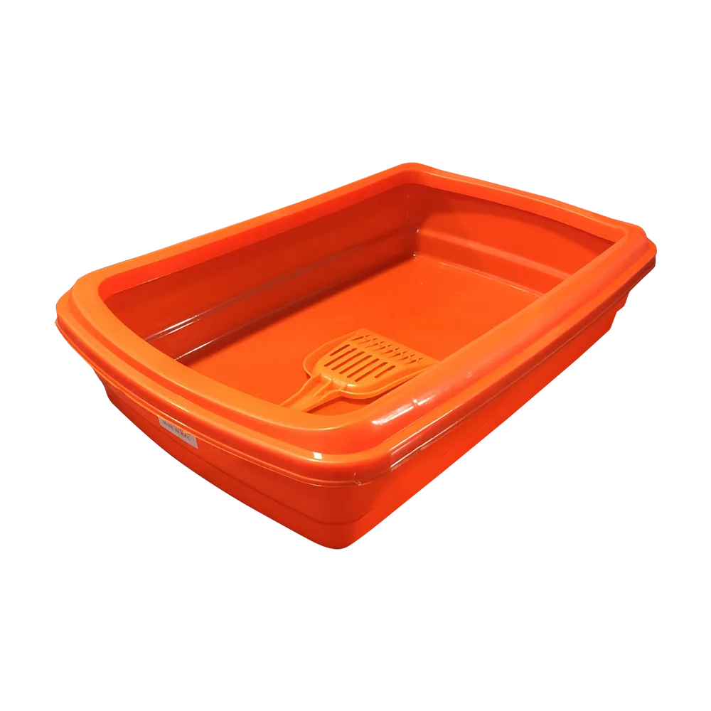 Imagen de Bandeja Sanitaria Eco en color naranja, es una bandeja sencilla con bordes plásticos y una palita del mismo color adentro.