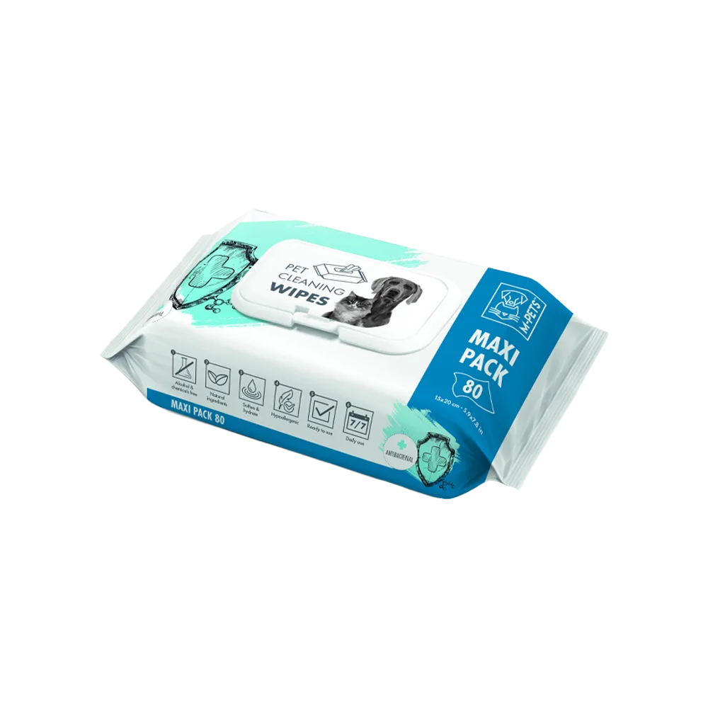 Empaque blanco con detalles celestes de Paños Húmedos Antibacteriales M-Pets. Tiene un detalle color azul al costado derecho que dice "Maxi Pack 80".