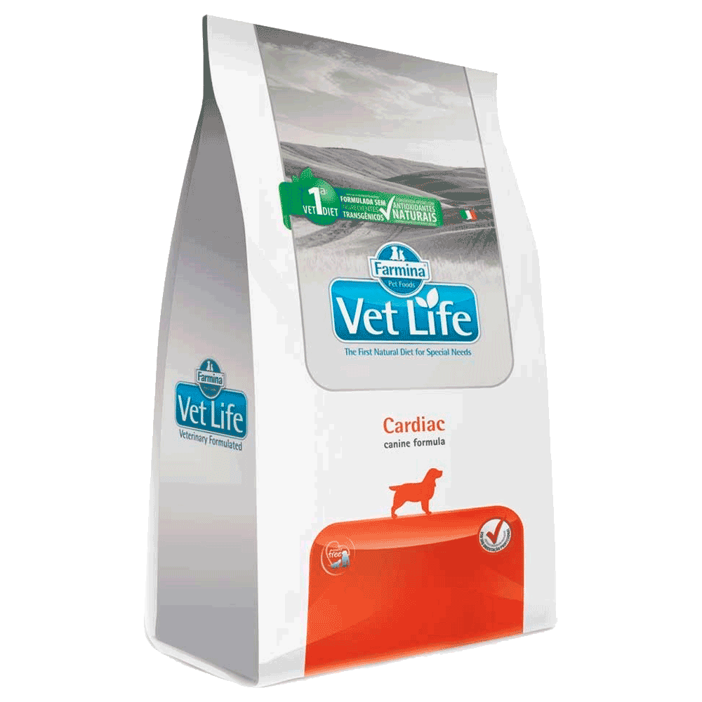 Bolsa blanca con detalles naranja de Vet Life Natural Cardiac Canine para perros con insuficiencia cardíaca