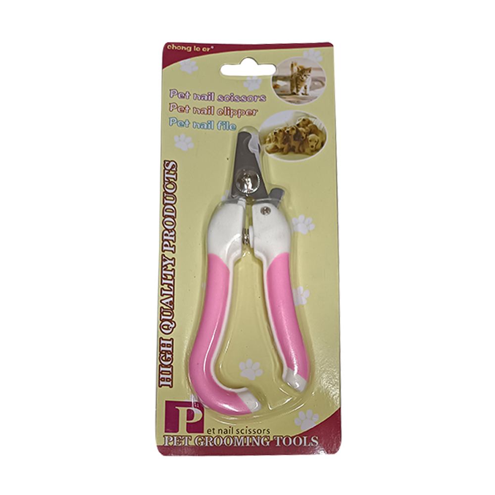 Imagen de cortauñas mediano rosa de marca genérica. Está en un envase de cartón con cobertura de plástico. El cortauñas es rosa con detalles blanco.